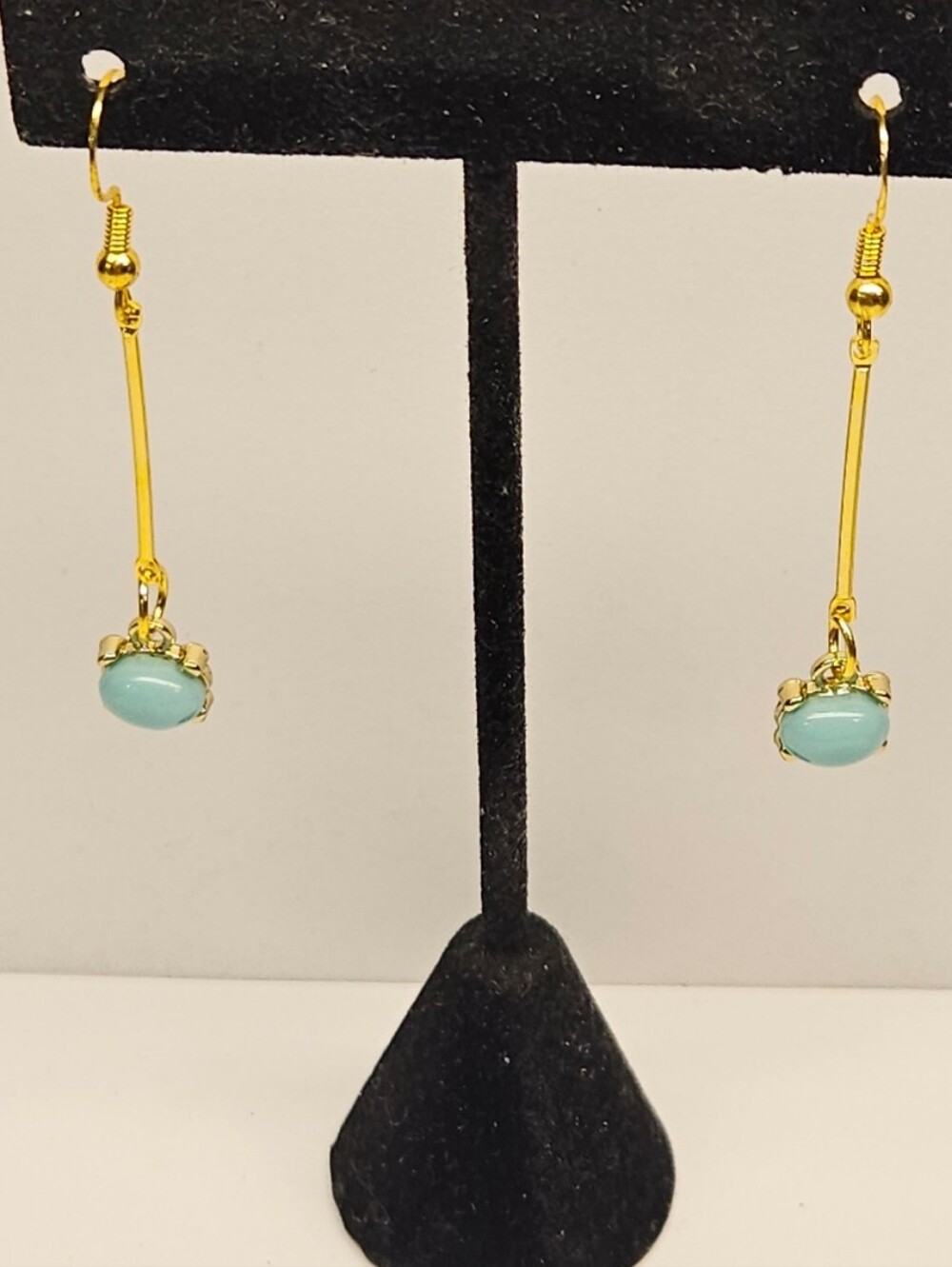 Gold-Tone Drop Earrings with Light Blue Colored Gemstones - Picture 3 of 5